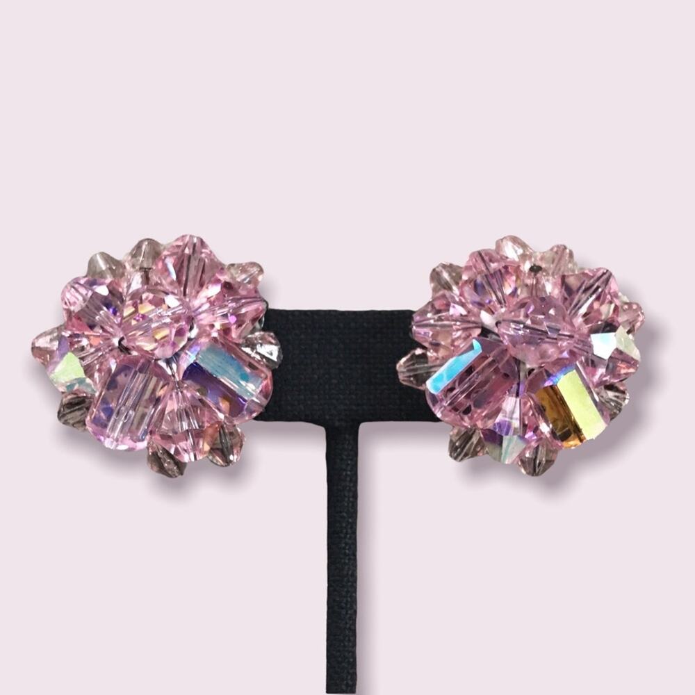 Vintage Pink  Rhinestone Earrings Aurora Borealis Clasp Back